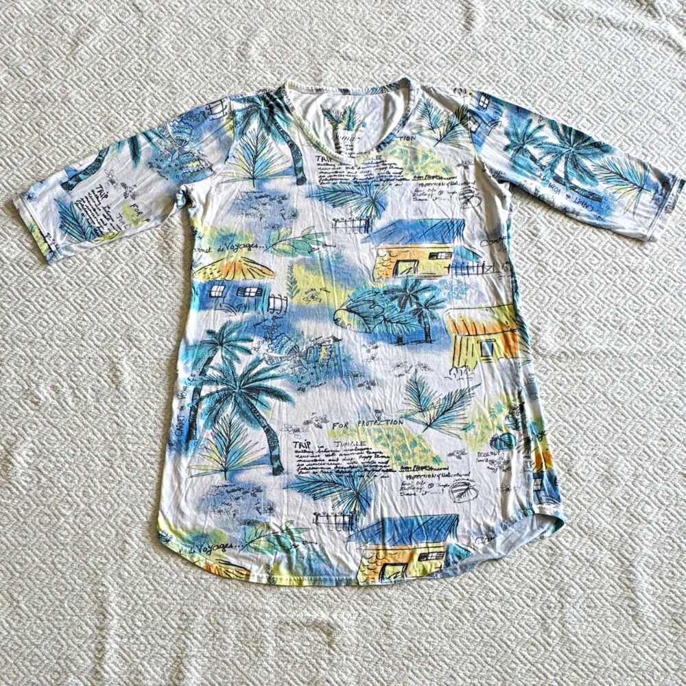 Soma Cotton Knit Tropical Graphic Print Raglan 3/4 Sleeve Nightshirt Sz M